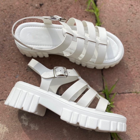 White Vegan Leather Chunky Sole Caged Gladiator Sandals - Picture 4 of 4